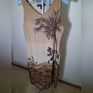 Josephine Chaus Silk Beige Dress with Brown Tropical Print